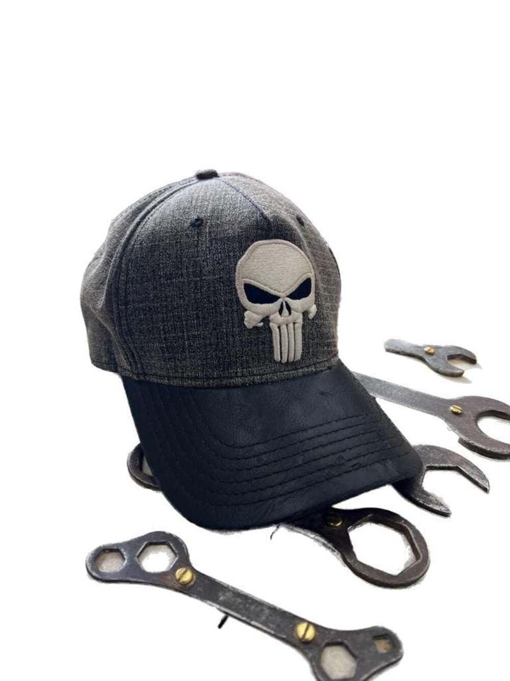 Marvel The Punisher Snapback Hat Grey Heather with Faux Leather Brim One Size